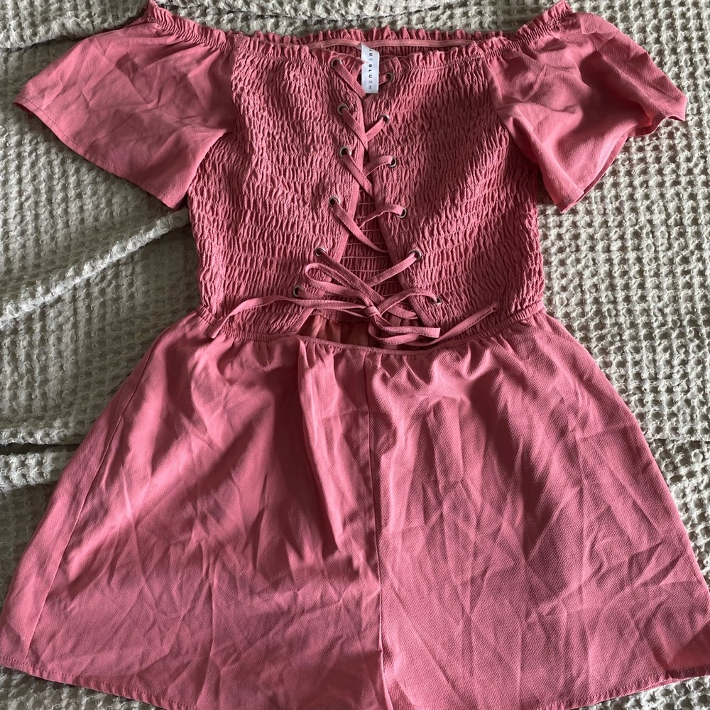 Pink Off-Shoulder Lace-Up Boutique Romper